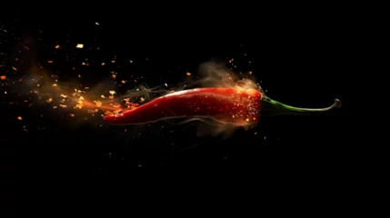 Tuinposter Fresh red chili pepper on fire The concept of spicy food and spices ,Red hot Chili pepper with fire coming out of it. Dark Black © kaneez