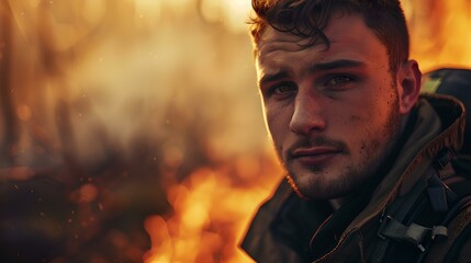 Portrait of a young man by a campfire, evoking adventure and nature. casual, outdoor lifestyle photography. AI