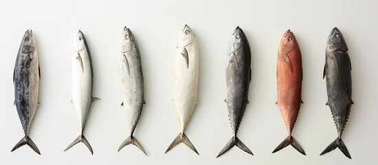 A row of five different types of fish, including Bonito skipjack tuna and Sarda Sarda, are lined up for display. Each fish has distinct characteristics and colors, creating a visually interesting