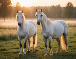 Two beautiful white horses in the foggy morning