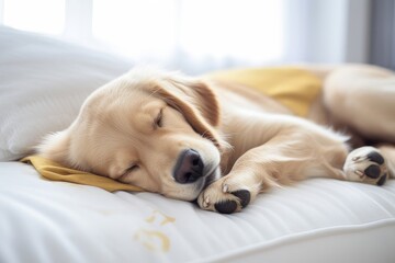 Peaceful Golden Retriever Puppy Sleeping Comfortably on a Soft White Bed, Adorable Dog Dreaming
