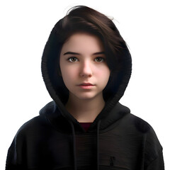 Portrait of a girl in a black hooded jacket on a white background