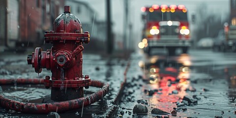 Emergency response scene with a red fire hydrant and firefighting truck in action - obrazy, fototapety, plakaty