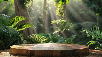 Wooden podium in tropical forest for product presentation 