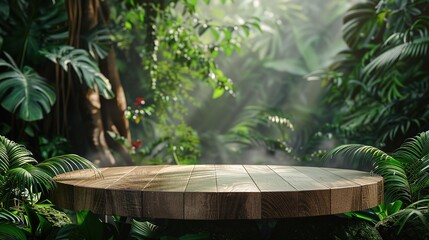 Wooden podium in tropical forest for product presentation 