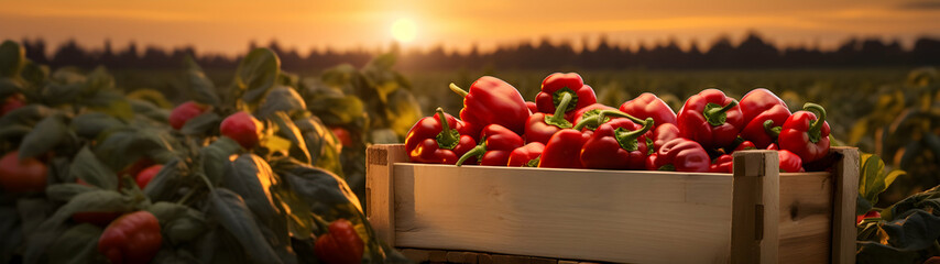 Red bell peppers harvested in a wooden box with field and sunset in the background. Natural organic fruit abundance. Agriculture, healthy and natural food concept. Horizontal composition, banner. - obrazy, fototapety, plakaty