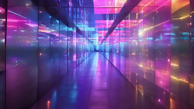 A modern art installation come to life as multicolored lights bounce off the mirrored walls and ceiling creating an immersive and otherworldly display of gl and light.