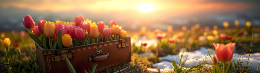 Vintage suitcase with colorful tulip flowers and blooms lying on the meadow with the rests of the melting snow and grass growing. Concept of spring coming and winter leaving. Horizontal, banner. - 743665392