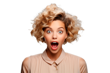 Mujer expresando sorpresa y emoción de shock. Boca abierta y grandes ojos bien abiertos. aislado sobre el fondo transparente.