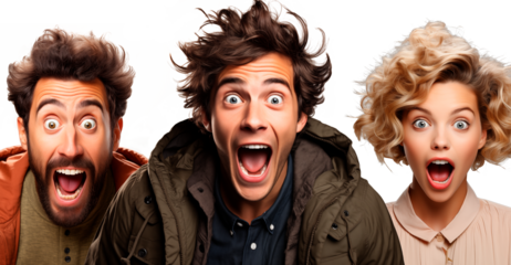 Hombres y mujer expresando sorpresa y emoción de shock. Boca abierta y grandes ojos bien abiertos. aislado sobre el fondo.
