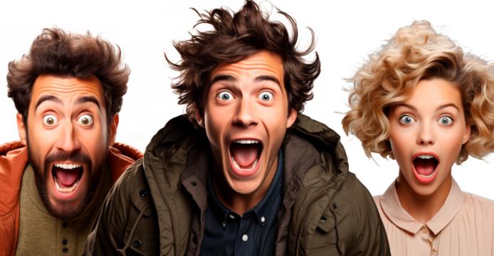 Hombres y mujer expresando sorpresa y emoción de shock. Boca abierta y grandes ojos bien abiertos. aislado sobre el fondo.