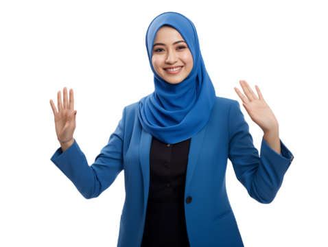 Charming Businesswoman in Blue Hijab and Blazer Gesturing with Both Hands, Transparent Portrait