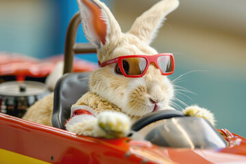 Cool easter bunny with sunglasses in car - obrazy, fototapety, plakaty