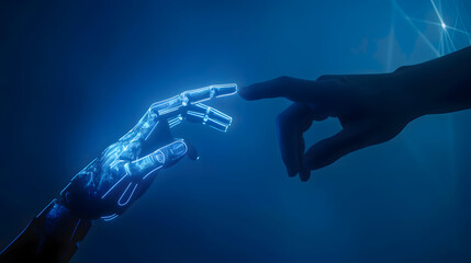 Contact between a cyber hand hand a human hand - Technologies and artificial intelligence concept
