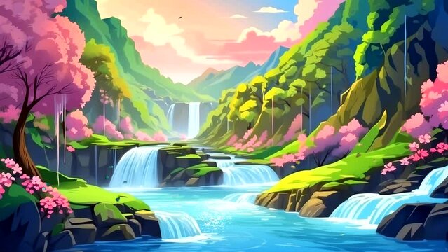 The Serenity of Spring:  A Lush Forest with Cascading Waterfall and Majestic Tree. Seamless looping 4k time-lapse virtual video animation background