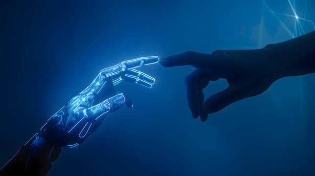Contact between a cyber hand hand a human hand - Technologies and artificial intelligence concept