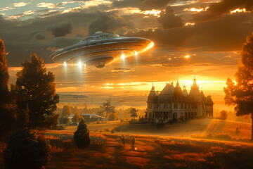 UFO Alien Spaceship Flying Science Fiction Colorful Sunset Surreal House Scenic