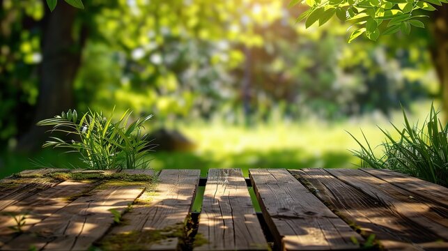 wooden table product display with lush green garden background of grass and blurred foliage