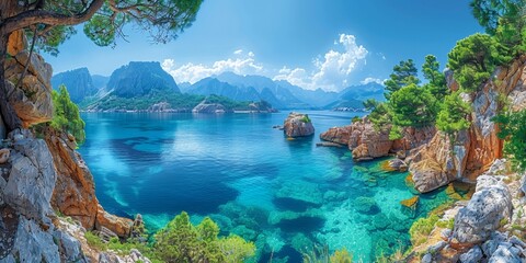 The picturesque summer coastal landscape with clear turquoise water, rugged mountains and a serene atmosphere is ideal for relaxation. - obrazy, fototapety, plakaty