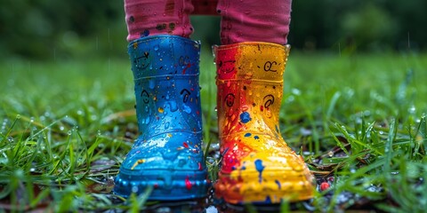 The child plays happily in the rain, jumps into puddles in waterproof boots, experiencing the joy of nature's embrace even on a rainy day. - obrazy, fototapety, plakaty