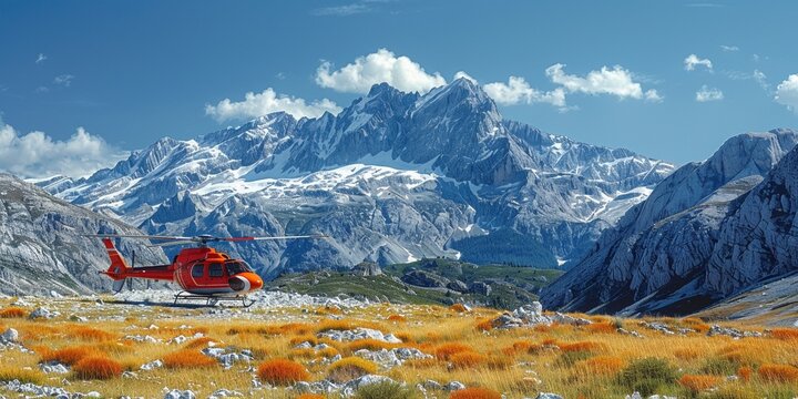 Majestic mountain landscape with helicopter showing the beauty of the alpine scenery on a sunny day.