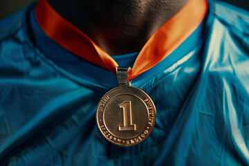 A winners medal with a number 1 hanging around the neck of a sports person. First place race winner