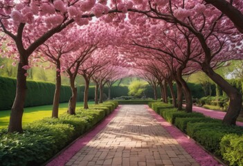 Cherry blossom path through a beautiful landscape garden - 743668388
