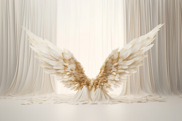 white and gold angel wings on the background of the window. photo zone for photo shoots. - 743668955