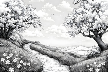 Spring Landscape Illustration. Ink Drawing on White Paper