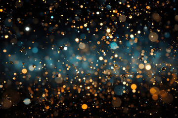 blurred lights and golden confetti on a blue background.