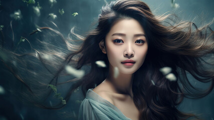 stylized portrait of a beautiful young woman with long hair . - 743668986
