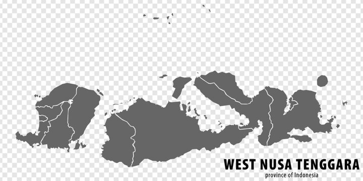 Blank map West Nusa Tenggara province of Indonesia. High quality map West Nusa Tenggara with municipalities on transparent background for your web site design, logo, app, UI. Republic of Indonesia.  E