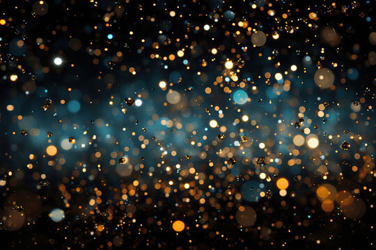 blurred lights and golden confetti on a blue background.