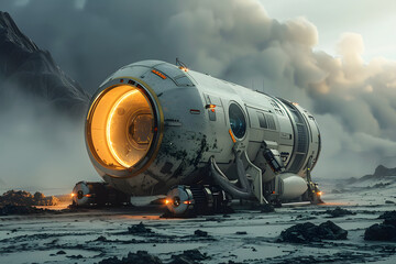 Spaceship on Remote Planet. Space Exploration Concept.