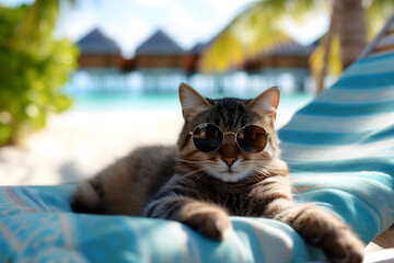 tabby cat with sunglasses laid on tropical beach