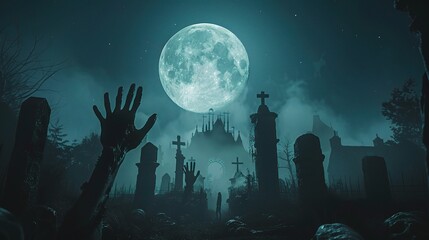 Fototapeta na wymiar Zombie Rising and hands Out Of A Graveyard cemetery scary In Spooky dark Night full moon. Holiday event halloween concept.