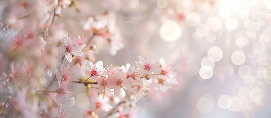 A serene display of a tree with pink flowers in full bloom on a blurred white background, creating a beautiful bokeh effect.