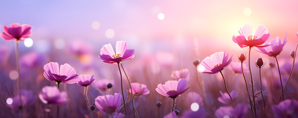 Field of pink wild flowers in the morning warm light, generative AI
