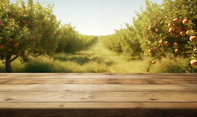 Empty wooden tabletop against apple orchard with ripe red fruits, generated by ai - obrazy, fototapety, plakaty