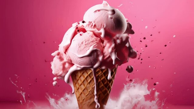 Delicious pink ice cream cone on vibrant pink background