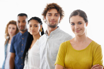 Obraz premium Smile, crossed arms and team of business people in studio with collaboration, unity or diversity. Happy, pride and portrait of professional young creative designers group isolated by white background