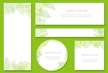 Vector Greeting Card Illustration Set With Leaf Vein Decoration Pattern And Text Space Isolated On A Green Background.