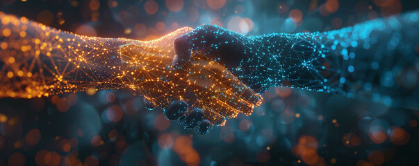 Detailed close up of a virtual handshake representing digital agreements and blockchain contracts