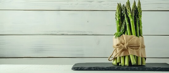 A bunch of fresh green asparagus neatly bundled in brown paper and tied with a rope, placed on a slate dish against a white wooden background. - obrazy, fototapety, plakaty