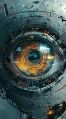 Illustration of a robotic eye detailed mechanics and futuristic vision showcasing advanced surveillance technology - obrazy, fototapety, plakaty