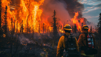 Wildfire bravery firefighters battling fierce flames to protect ancient forests a testament to courage - obrazy, fototapety, plakaty