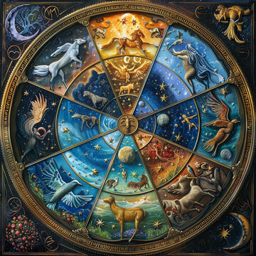 Zodiac wheel detailed illustrations of each sign with symbolic elements and stars