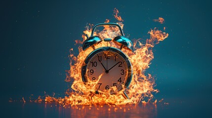 Alarm Clock Engulfed in Flames on Dark Background