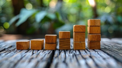 Ascending Wooden Blocks on Rustic Table with Blurred Greenery Background