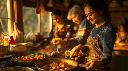 Family preparing a traditional holiday meal together, underscoring the role of cultural heritage in strengthening family bonds. Cultural Family Traditions - obrazy, fototapety, plakaty